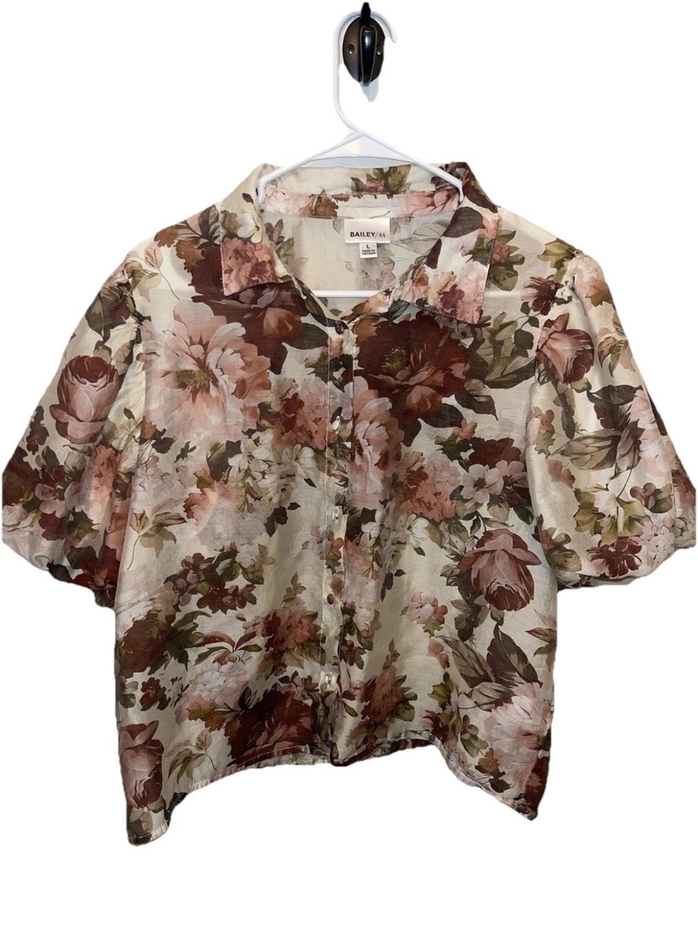 Bailey 44 Blouse Red Cream Floral Semi Sheer Button Down Puff Sleeve Size L EUC